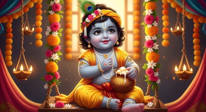 Happy Krishna Janmashtami celebration featuring adorable baby Lord Krishna holding butter pot, vibrant floral decorations, glowing lamps, and traditional festive background
