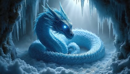 Fototapeta premium Majestic blue ice dragon rests coiled in frosty cave. Glowing eyes pierce through cold mist surrounding its scales. Icicles hang above this powerful fantasy creature.