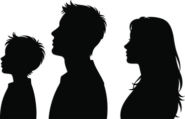 Family side profile silhouettes vector illustration, father mother and son portrait set isolated on white background, generation concept design template © SreemotiLipi