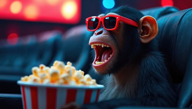 Monkey wearing sunglasses eats popcorn while watching movie in dark theater. Chimpanzee sits in chair, mouth open, eyes wide, enjoying film, showing pure excitement and surprise.