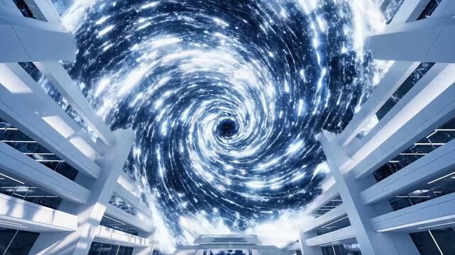A swirling blue vortex resembling a tornado or hurricane appears to pull into a futuristic structure with converging lines and metallic slats