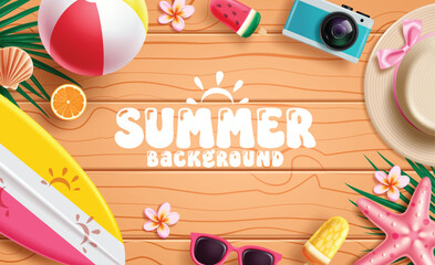 Fototapeta premium Summer wooden background clipart. Summer text clip art in wood background with beach ball, surfboard, hat, starfish and sunglasses colorful decoration elements for tropical season template design 