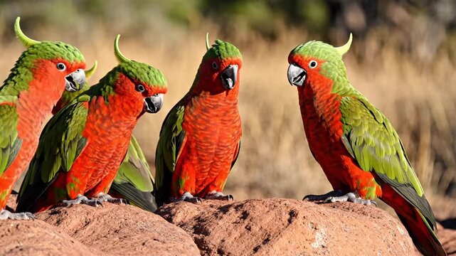 Group of Eastern Rosellas Perched on Rocks.