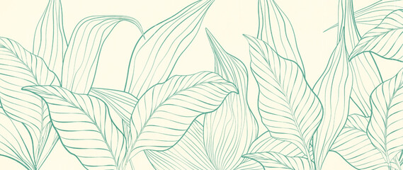 Art background with tropical plant leaves in light and green tones in a line style. Botanical banner for decor, prints, wallpaper, textiles, posters, and interior design.