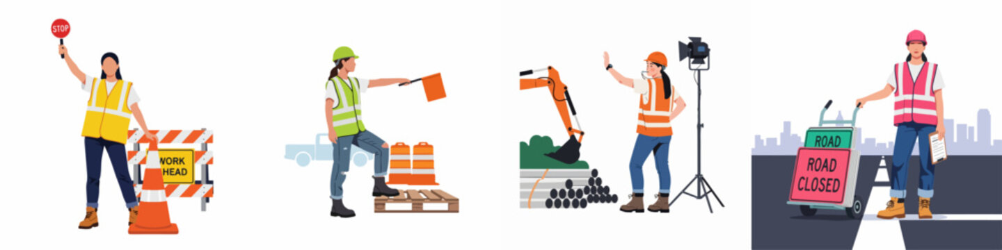 Female construction and traffic management workers in various roles, ensuring safety and directing operations on roads and sites.