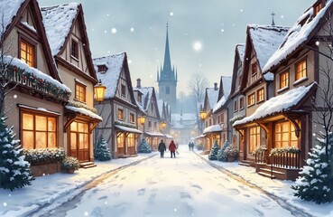Obraz premium Charming watercolor village street in winter. Snow covers rooftops and ground. Warm lights glow from windows. People walk down snowy lane towards church. Cozy festive atmosphere.