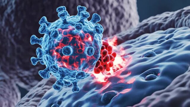 Virus attacking cell in microscopic view