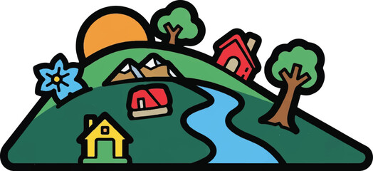 Fototapeta premium Cartoon landscape illustration with houses trees river and sun