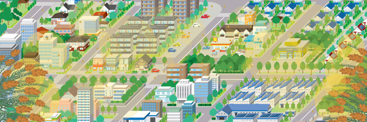 花粉が飛散する街並み. アイソメ図で描いた都市. © keko-ka