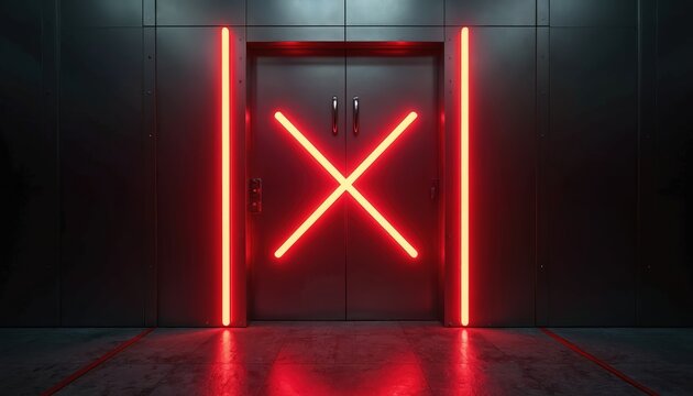 Red neon X marks large double doors, flanked by vertical lights. Dark metallic wall, concrete floor reflect vibrant red glow. Entrance forbidden, warning, danger, stop, restricted access. Sci-fi,