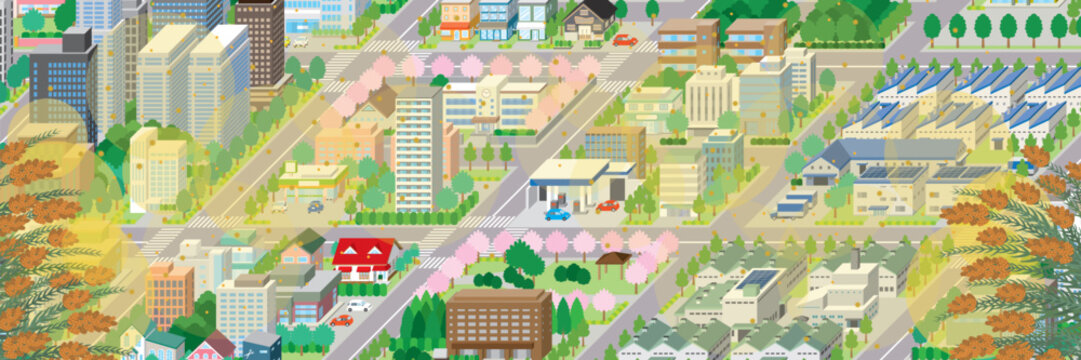 花粉が飛散する街並み. アイソメ図で描いた都市.