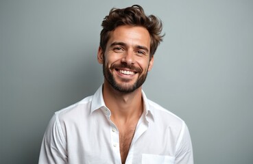 Obraz premium Man in white shirt smiles warmly with beard. He has brown hair and looks directly at camera. Studio portrait captures his friendly expression against a neutral gray backdrop.