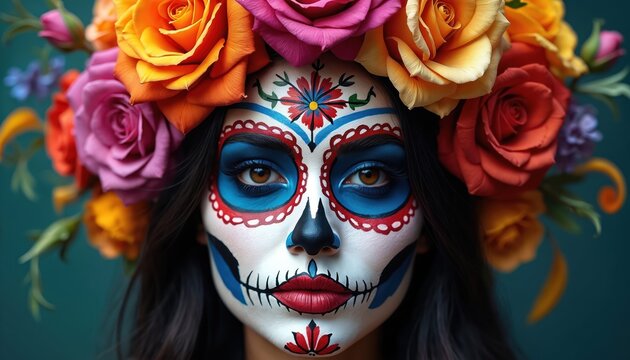 Woman wears festive skull face paint and flower crown. Features traditional Mexican Day of the Dead Catrina makeup with vibrant colors. Celebrates cultural heritage and artistry.