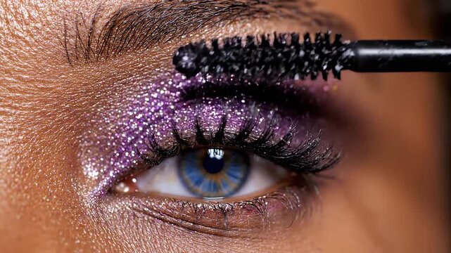 Closeup of eye with glitter makeup and mascara