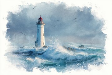 Dramatic Lighthouse Watercolor - Towering Beacon Amidst Crashing Waves.