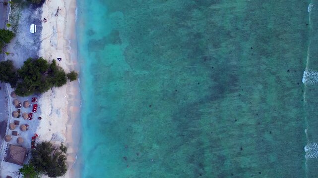 Sea turtles swimming in vast blue ocean water. Smooth aerial view drone