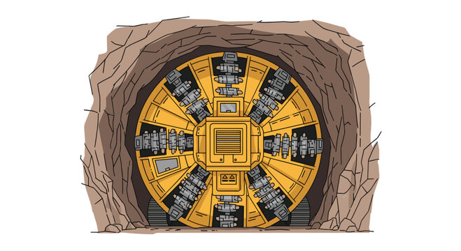 Large yellow tunnel boring machine cutter head positioned inside a rocky excavation site in a detailed vector illustration.