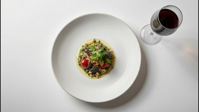 Gourmet salad with cherry tomato, herb and couscous topped with microgreen served with red wine