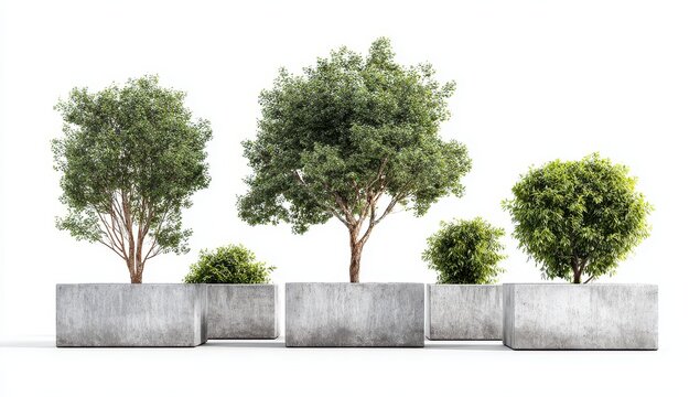 Row of Concrete Planters with Trees and Bushes on White Background, Minimalist Design.