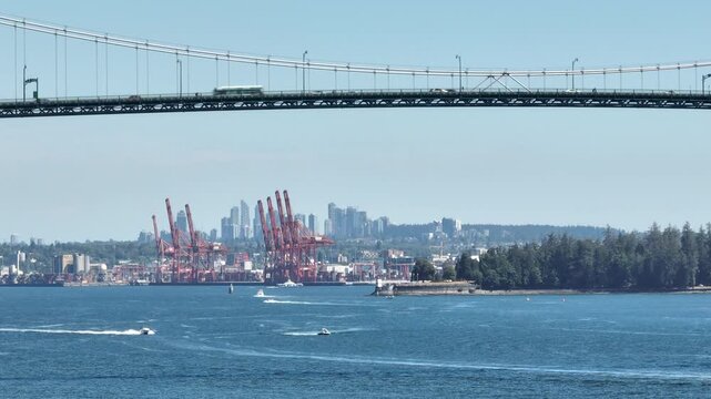 Lions Gate Bridge Above Port of Vancouver and Downtown Skyline, Vancouver British Columbia Canada