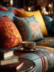 Colorful Decorative Cushions on Cozy Sofa	
