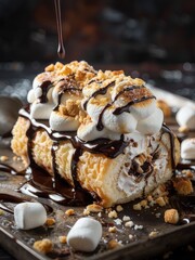 A golden-brown pastry roll is generously topped with toasted marshmallows, rich chocolate drizzle, and graham cracker crumbs