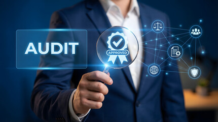 Fototapeta premium Professional businessman holding magnifying glass analyzing audit data and approved badge on digital