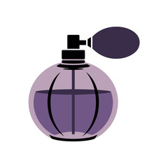 Obraz premium Elegant vintage perfume atomizer bottle filled with deep purple liquid stands ready for application.