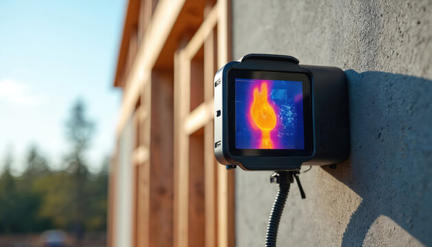 Thermal camera attached to wall inspects new building frame. Device shows heat map for energy efficiency. Tech aids construction inspection analysis.