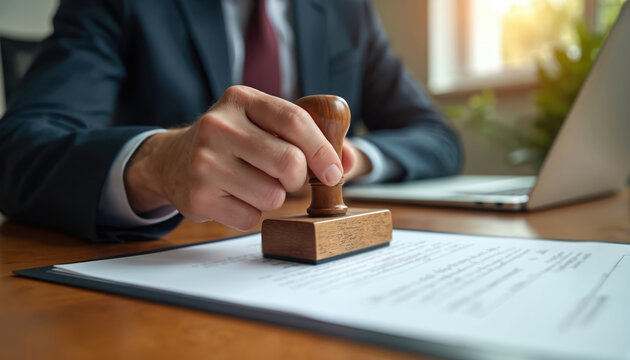 Lawyer stamps document with wooden seal, confirming contract. Person uses rubber stamp for official paperwork, legal approval, and agreement.
