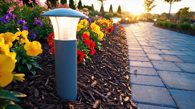 Beautiful garden path lined with colorful flowers and illuminated by soft lights at sunset.