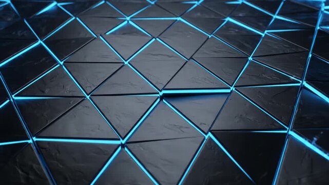 Dark triangular mosaic with bright blue glowing edges. Perfect for abstract backgrounds, futuristic designs, technology concepts, and digital art projects.