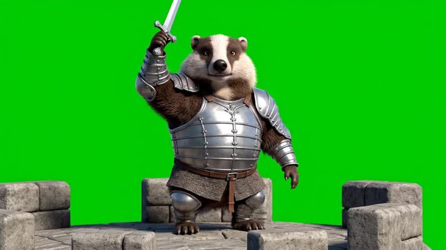 A badger wearing armor and holding a sword stands on stone blocks against a green background.