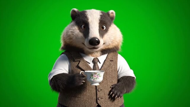 A badger wearing a white shirt, brown vest, and tie holds a teacup against a green background in a studio portrait.