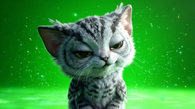 Close-up portrait of a grumpy gray tabby cat with a green background and cinematic lighting.