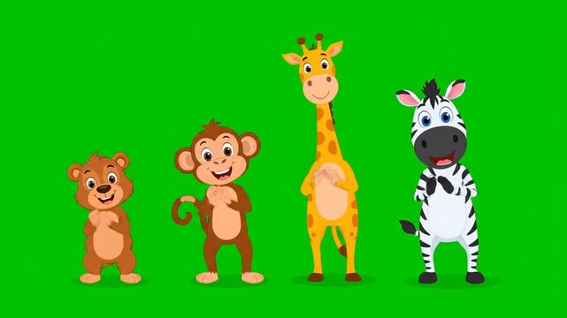 Cartoon illustration of a lion, monkey, giraffe, and zebra standing in a row against a bright green background.