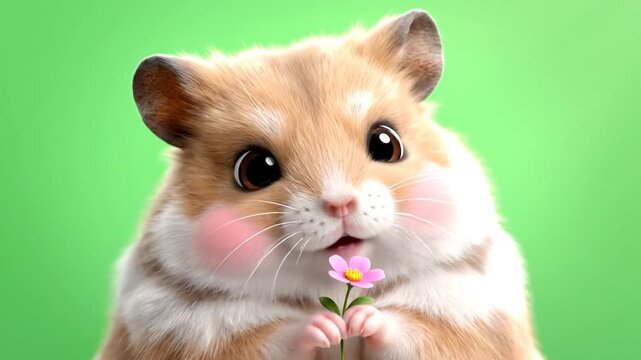 Close-up of a cute hamster holding a small flower in its mouth against a green background with soft lighting.