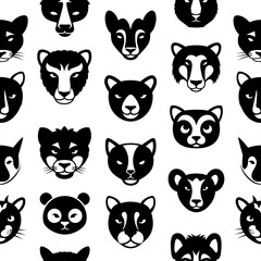 Fototapeta premium Seamless Pattern of Stylized Animal Faces in Black and White 4.