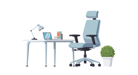 Fototapeta premium A complete home office setup featuring a light blue ergonomic chair with a headrest and a white desk equipped with a laptop and lamp on a white background.