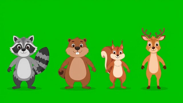 A lineup of four cartoon woodland creatures - a raccoon, beaver, squirrel, and deer - standing against a bright green background.