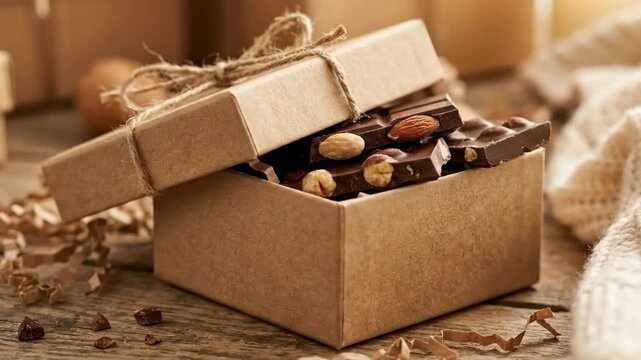chocolate with nuts - A rustic box filled with assorted chocolates and nuts, elegantly tied with twine, set on a wooden table surrounded by soft fabric and decorative elements