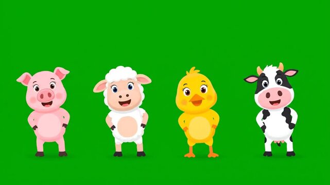 Cartoon farm animals standing on green background, pig, sheep, chick, cow, colorful illustration with smiling faces.