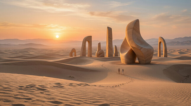 bstract Sandy Stone Sculptures Standing in Vast Desert Landscape at Golden Sunset with Tiny Human Figures, 3D Render
