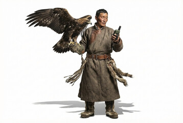 Obraz premium Traditional Mongolian Eagle Hunter Holding a Golden Eagle While Using a Modern Digital Radio Device Representing a Unique Blend of Ancient Culture and Modern Technology