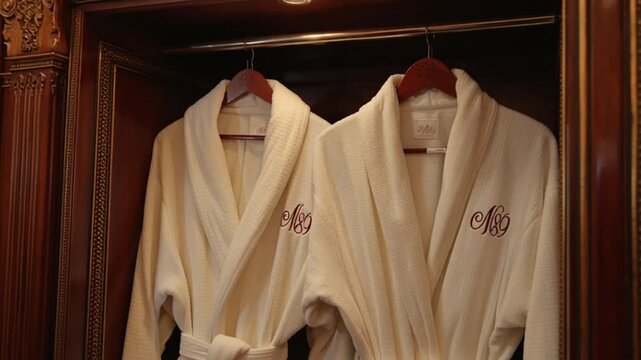 Luxurious White Bathrobes Hanging in Wooden Closet.