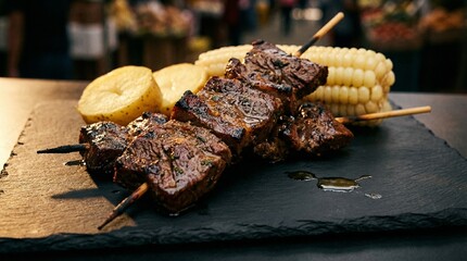 Grilled Beef Heart Anticuchos with Potatoes and Corn