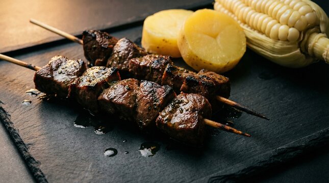 Grilled Beef Heart Anticuchos with Potatoes and Corn