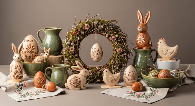 A festive easter eggs still life features a holiday table setting with winter decorations, glowing candles, and ornaments arranged near a decorated tree for a cozy New Year tea celebration