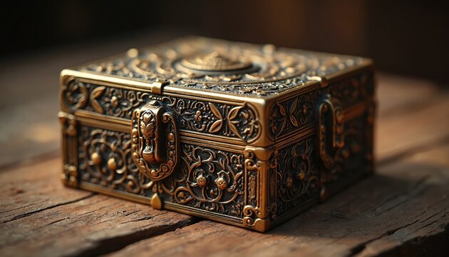 Ornate vintage brass box with detailed floral patterns rests on old wood. Intricate carving and a secure clasp suggest hidden treasures or precious kepicakes stored inside.