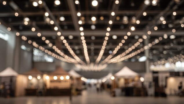 Blurred Exhibition Hall - Sparkling Lights, Booths, and Abstract Depth.